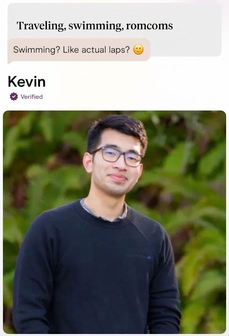 Kevin's first Hinge message, replying to Janet's prompt, above his profile photo